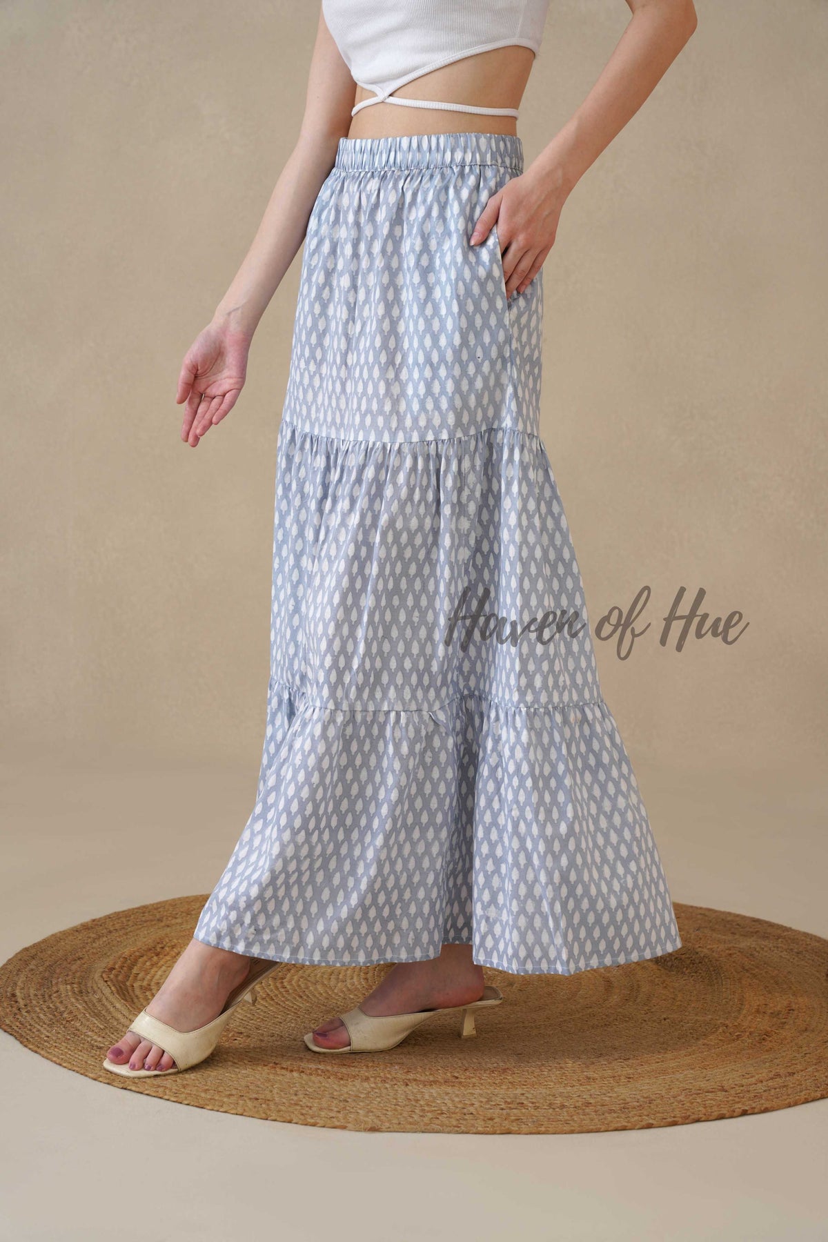 Women’s Blue Diamond Print Cotton Boho Tiered Maxi Skirt for Summer
