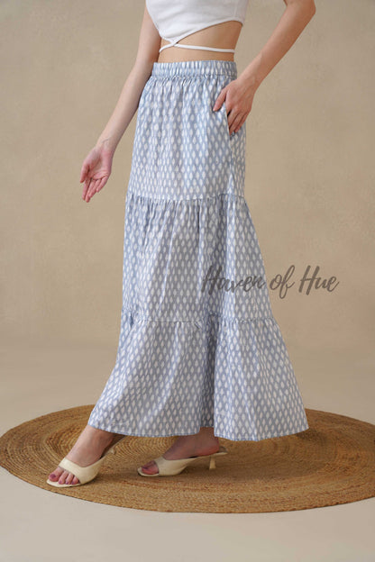 Women’s Blue Diamond Print Cotton Boho Tiered Maxi Skirt for Summer