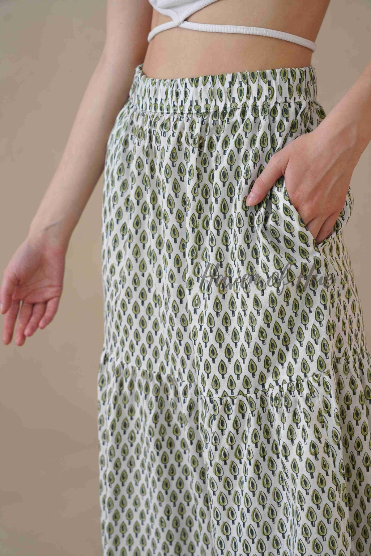 Women’s Sage Green Floral Print Cotton Boho Tiered Maxi Skirt