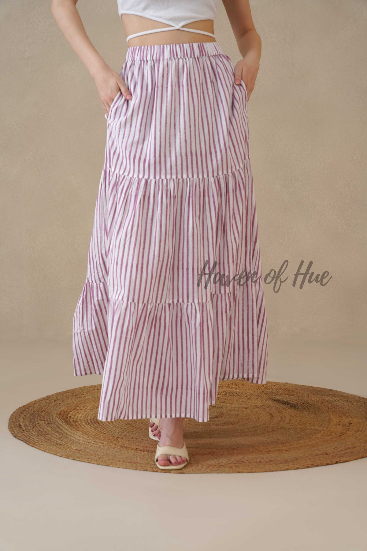 Women's Pink and White Striped Cotton Boho Tiered Maxi Skirt for Summer