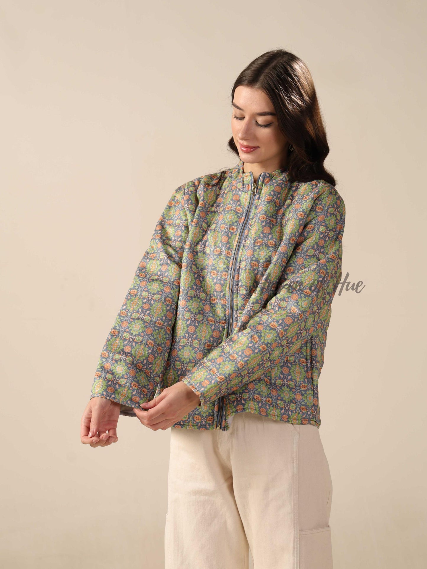 Women’s Floral Printed Silk Jacket Lightweight Zip Up Jacket
