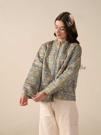 Women’s Floral Printed Silk Jacket Lightweight Zip Up Jacket