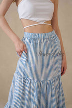Women's Blue and White Striped Cotton Boho Tiered Maxi Skirt for Summer