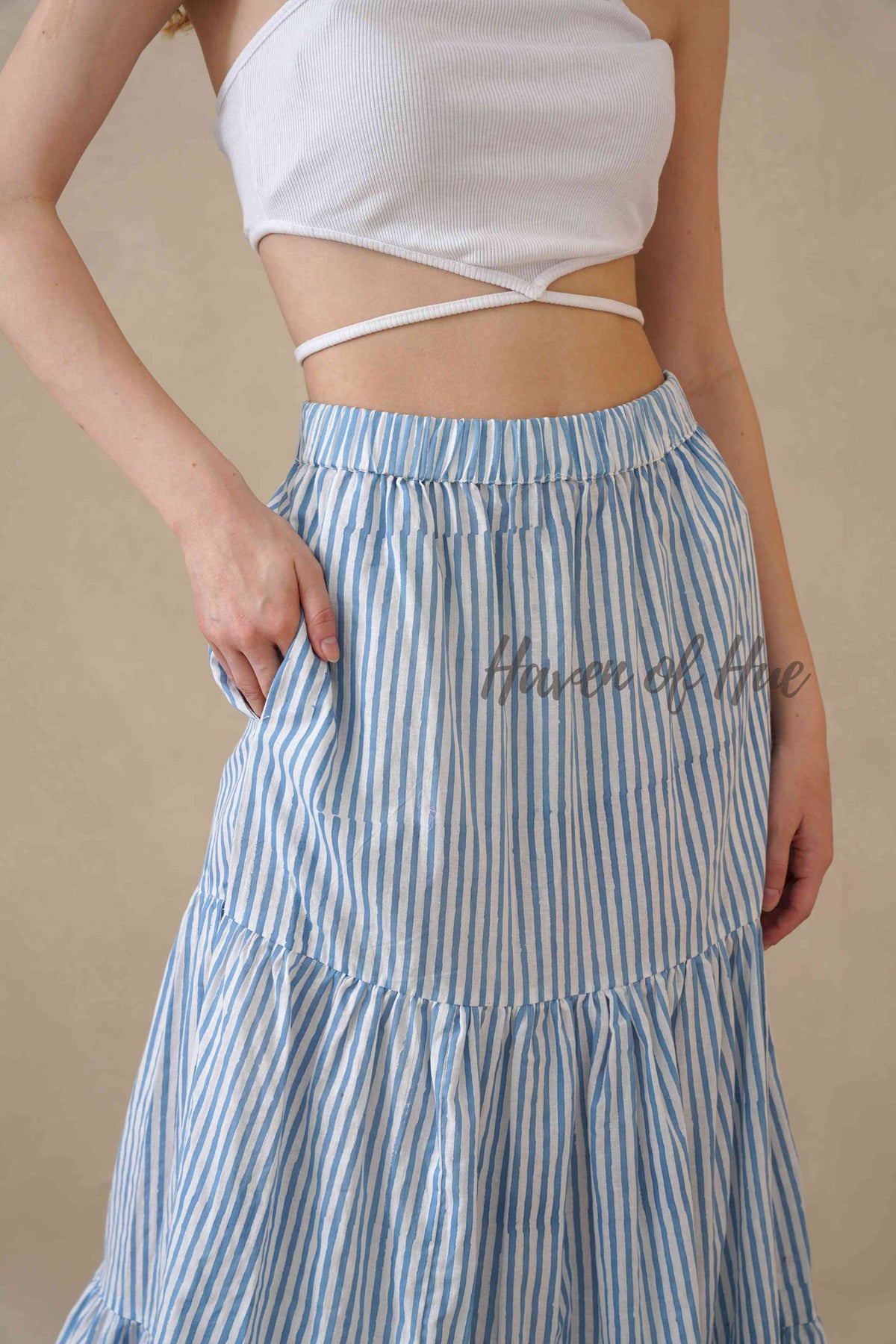 Women's Blue and White Striped Cotton Boho Tiered Maxi Skirt for Summer