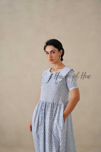 Blue Printed Cotton Dress | Vintage Ruffle Collar Midi Dress