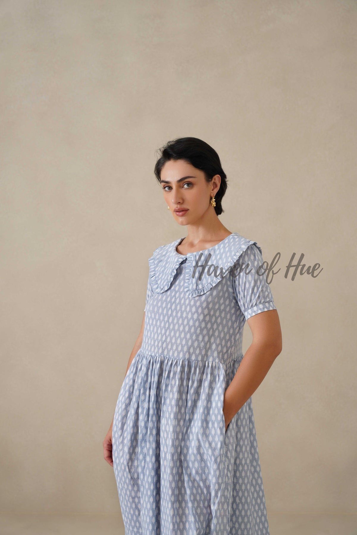 Blue Printed Cotton Dress | Vintage Ruffle Collar Midi Dress