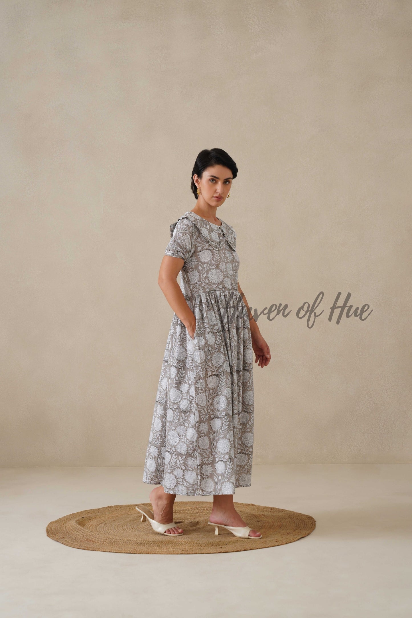 Grey Floral Cotton Dress | Vintage Ruffle Collar Midi Dress