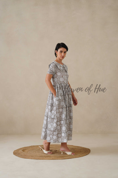 Grey Floral Cotton Dress | Vintage Ruffle Collar Midi Dress