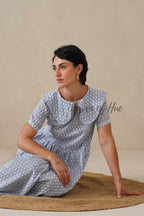 Blue Printed Cotton Dress | Vintage Ruffle Collar Midi Dress