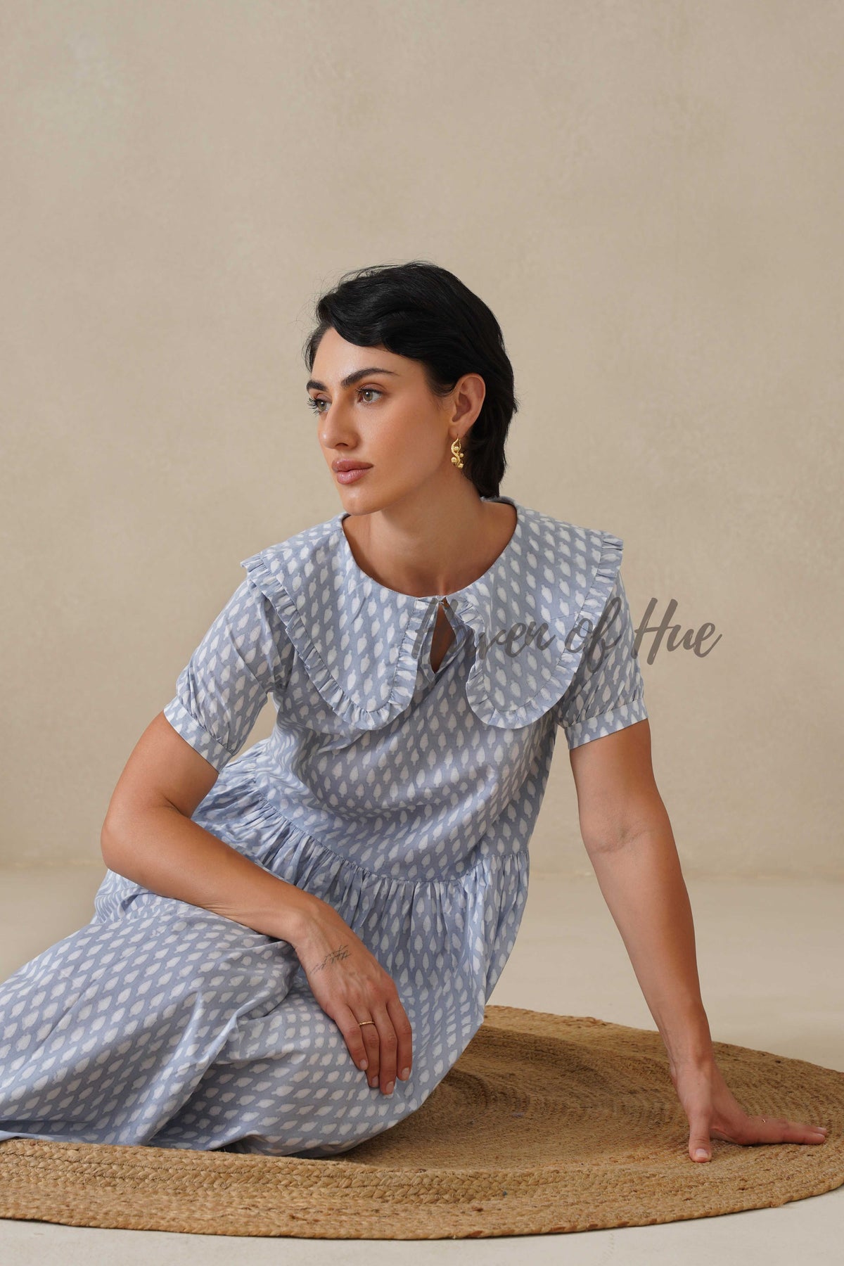 Blue Printed Cotton Dress | Vintage Ruffle Collar Midi Dress