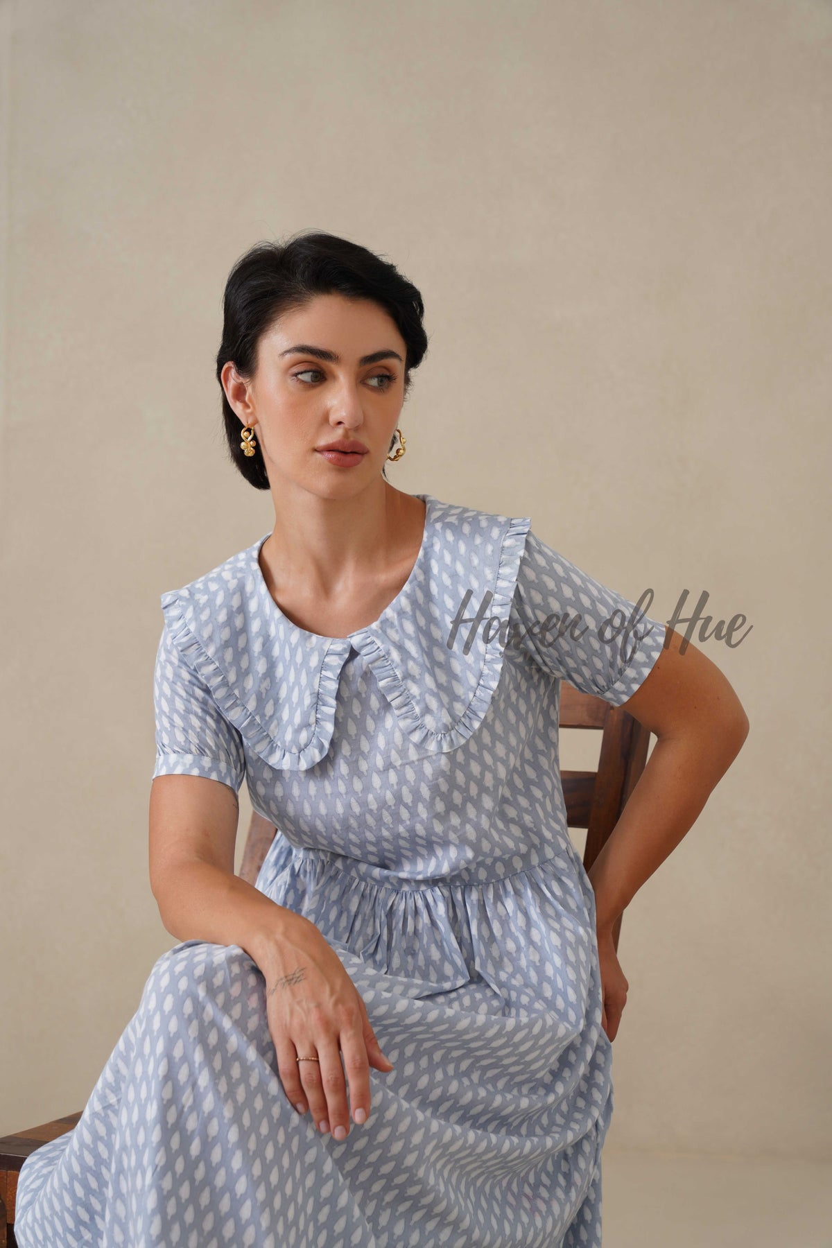 Blue Printed Cotton Dress | Vintage Ruffle Collar Midi Dress