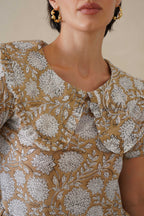 Beige Floral Cotton Dress | Vintage Ruffle Collar Midi Dress