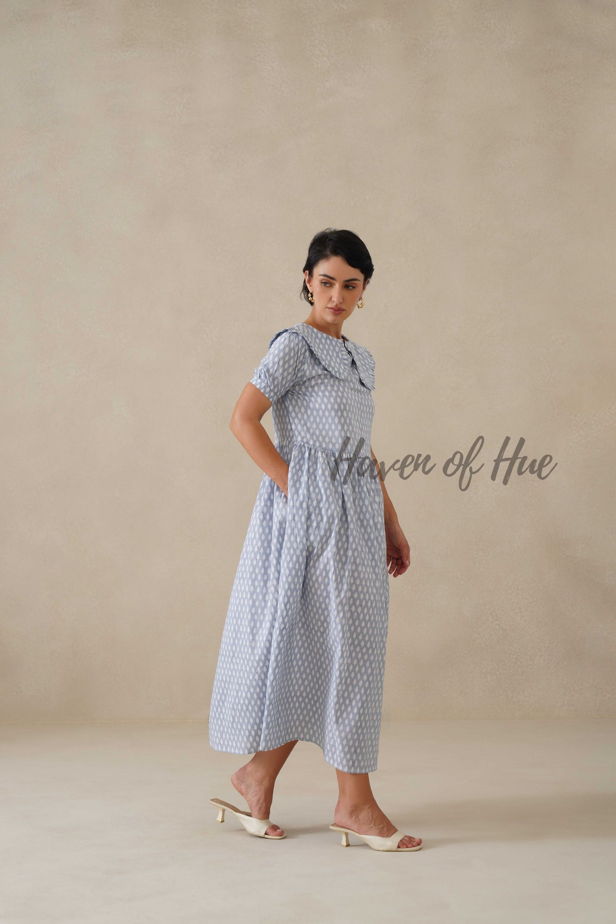 Blue Printed Cotton Dress | Vintage Ruffle Collar Midi Dress