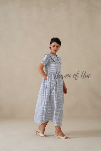 Blue Printed Cotton Dress | Vintage Ruffle Collar Midi Dress