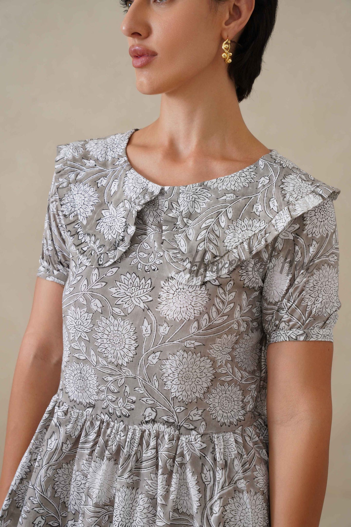 Grey Floral Cotton Dress | Vintage Ruffle Collar Midi Dress