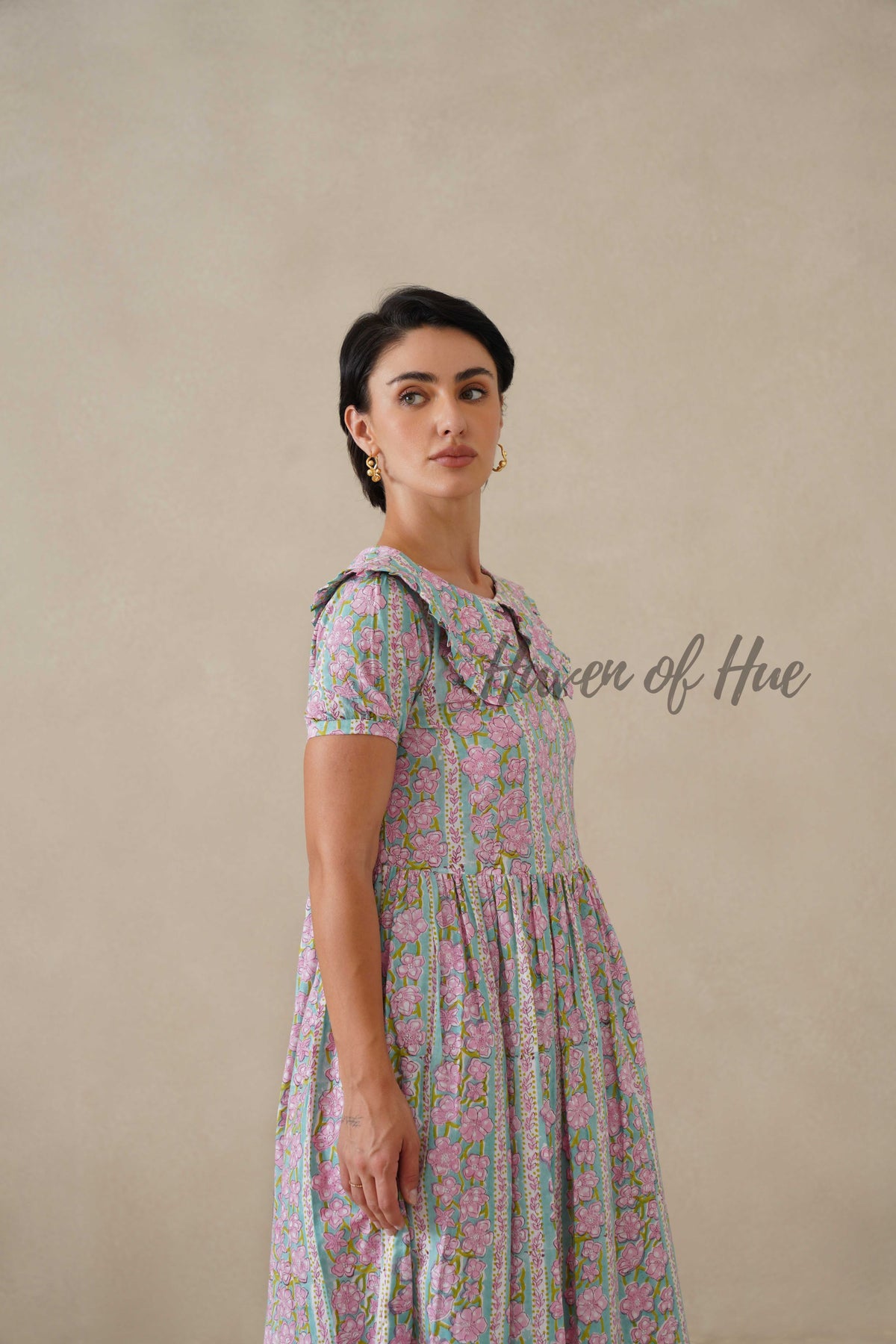 Pink Floral Cotton Dress | Vintage Ruffle Collar Midi Dress | Boho Summer Short Sleeve Relaxed Fit Smock Dress
