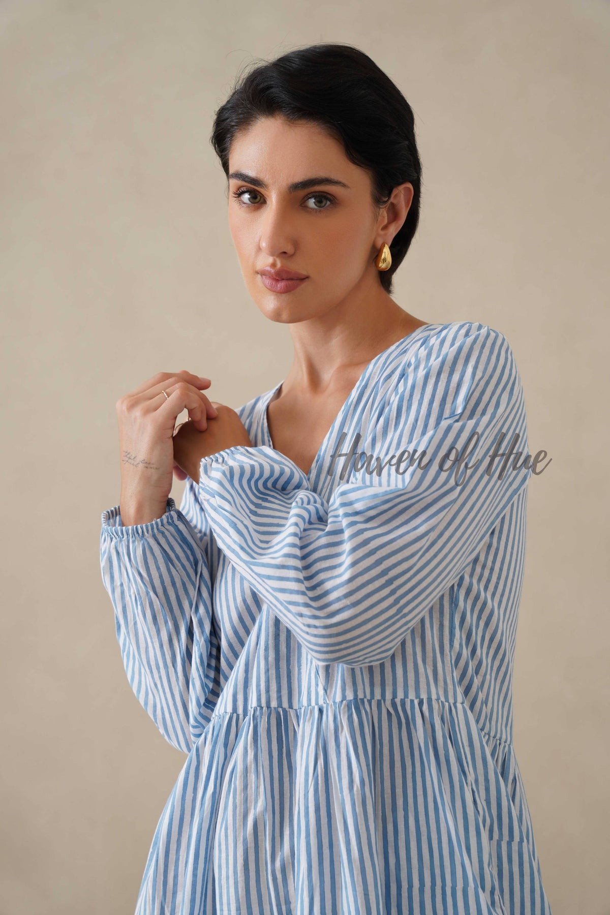 Blue Striped Cotton Dress with Long Sleeves, V-Neck Tiered Midi for Women