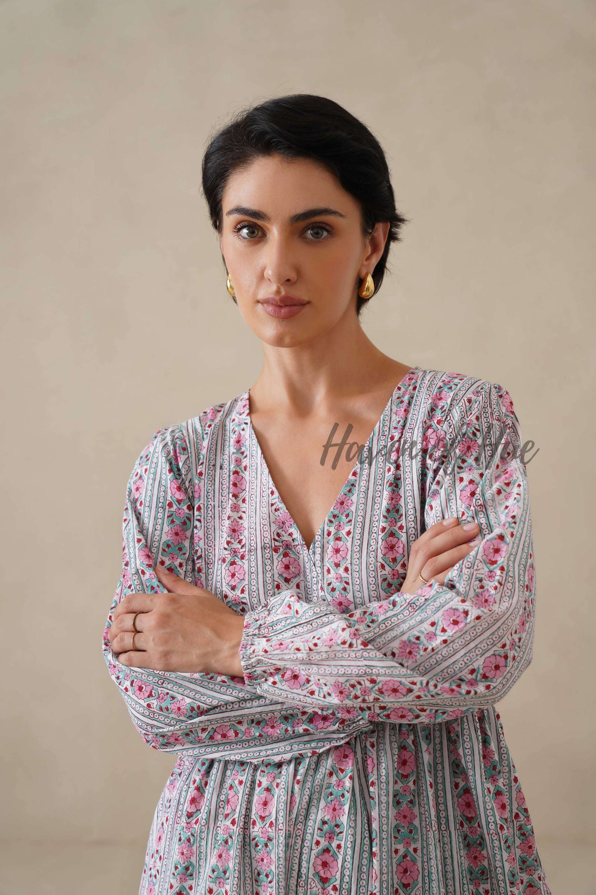 Floral Cotton Midi Dress with Long Sleeves, Pink Boho V-Neck Tiered Sundress