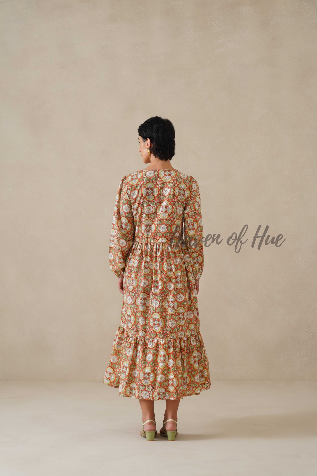 Cotton Midi Dress Summer Boho Floral Print, Rust Orange Block Print Sundress