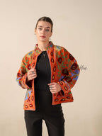 Women's Rust Orange Suzani Velvet Jacket Multi Color Embroidered Boho Coat