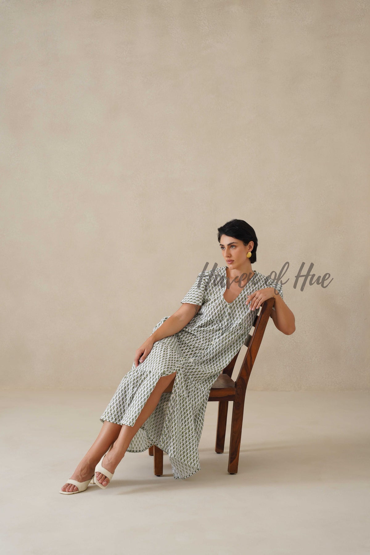 Sage Green Floral Block Print Cotton Midi Dress - Boho Summer Tiered