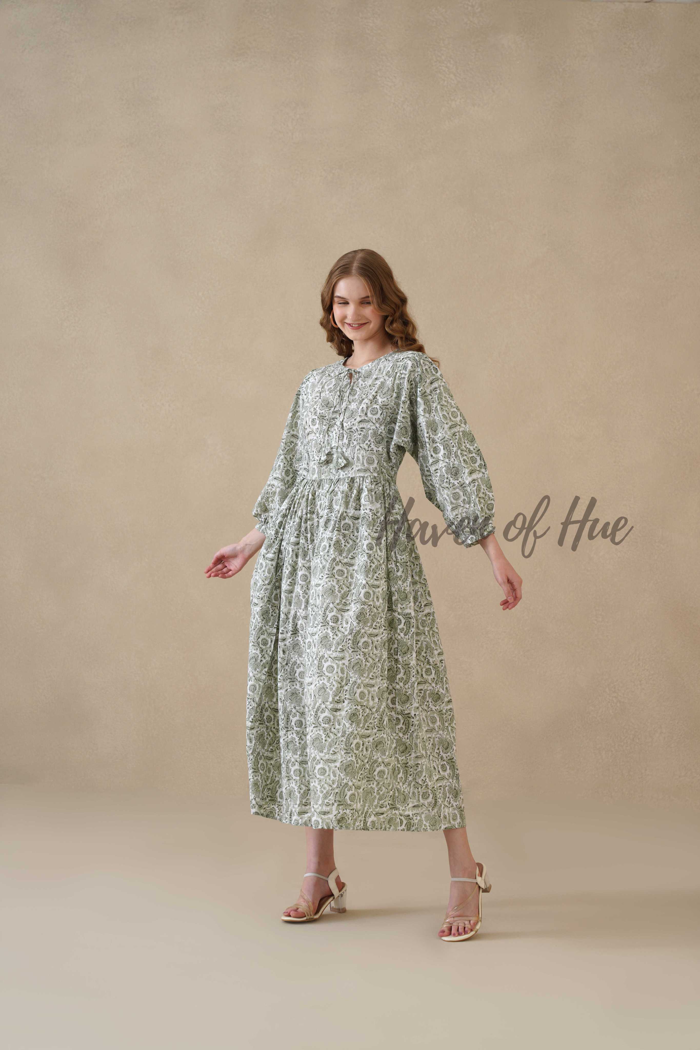 Green Cotton Tiered Dress – Boho Floral Short Sleeve Midi