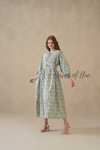 Green Cotton Tiered Dress – Boho Floral Short Sleeve Midi