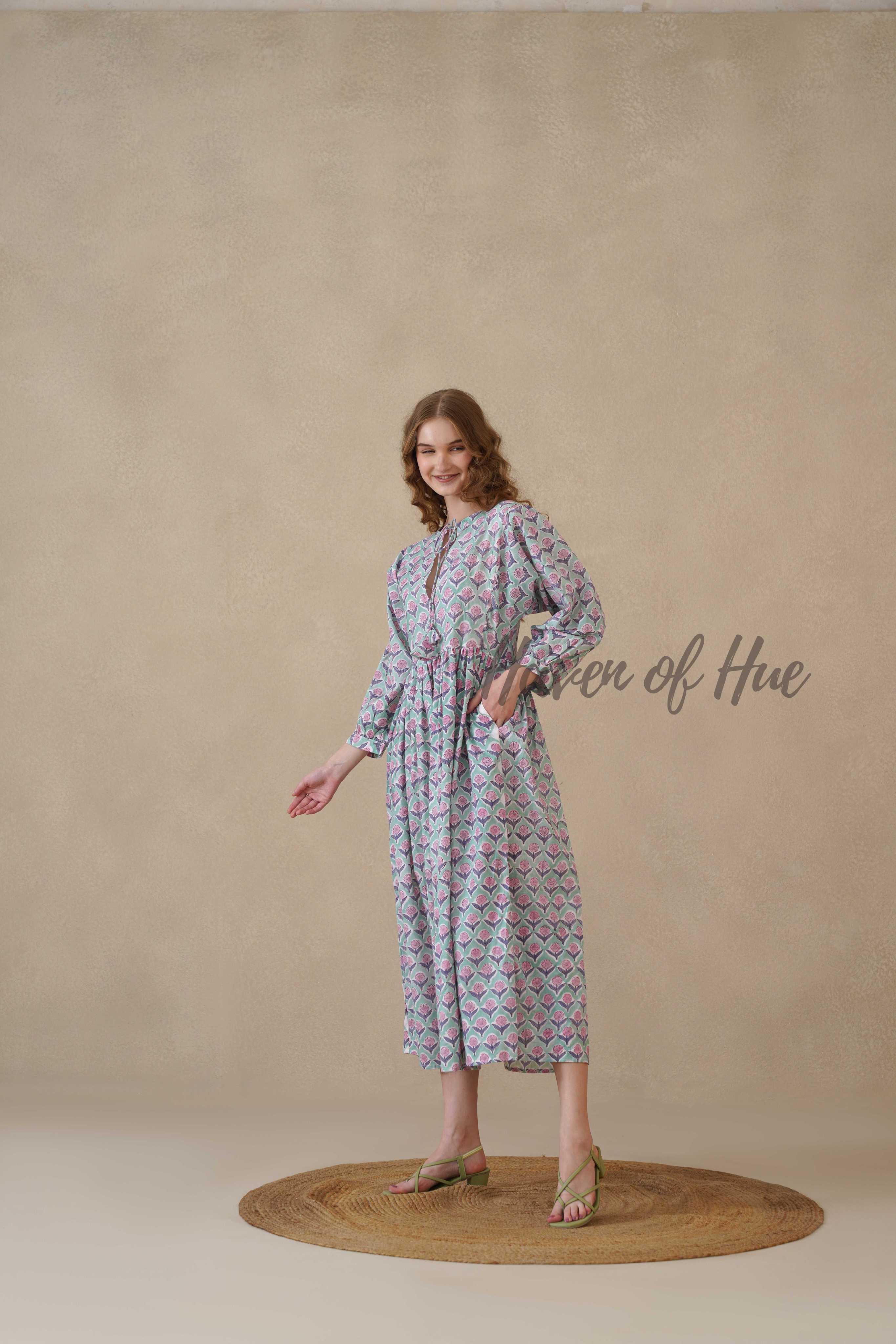 Green Full Sleeve Cotton Dress with Floral Print