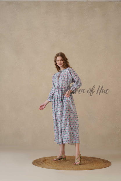 Green Full Sleeve Cotton Dress with Floral Print