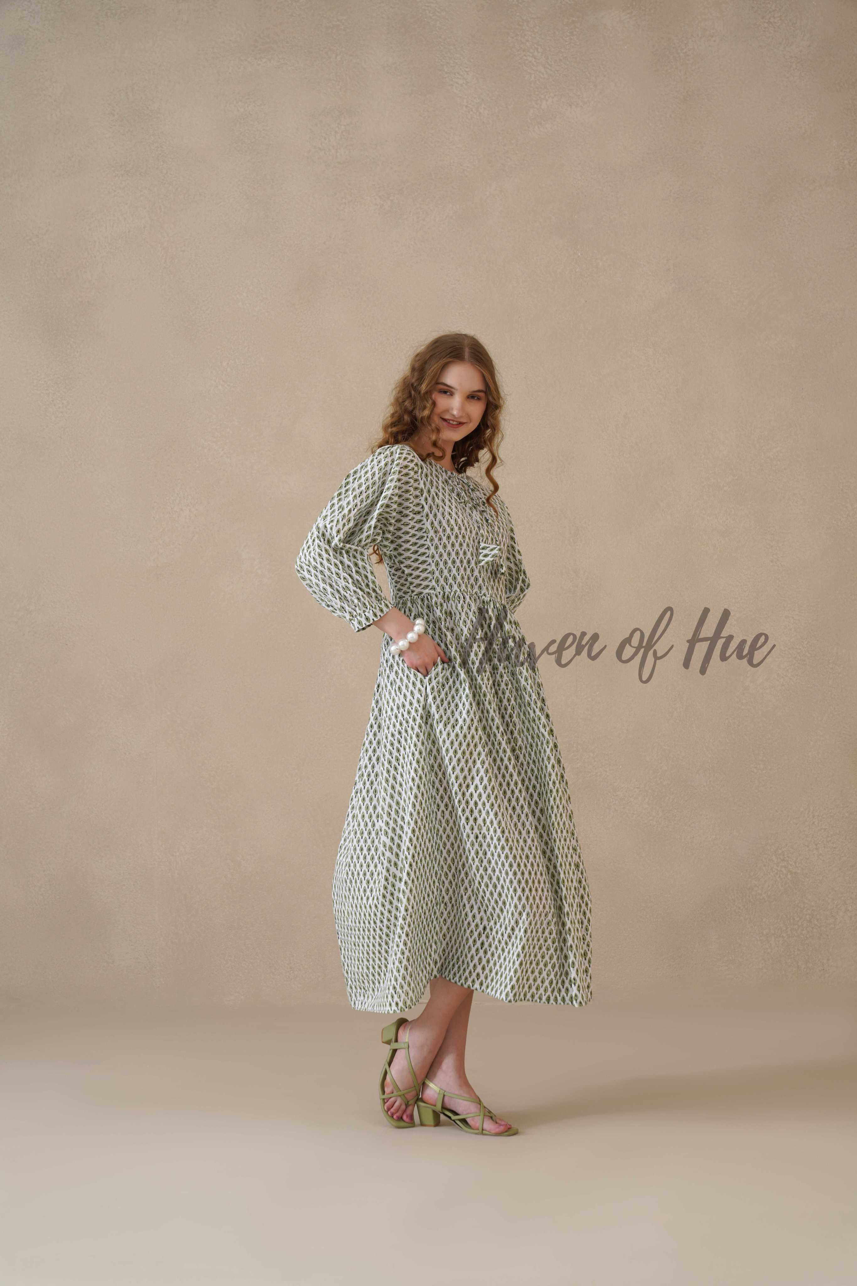 Green Full Sleeve Cotton Dress with Geometric Print
