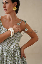 Cotton Midi Dress Summer Boho Print Sleeveless A-Line Casual Sun Dress for Women - Sage Green & White
