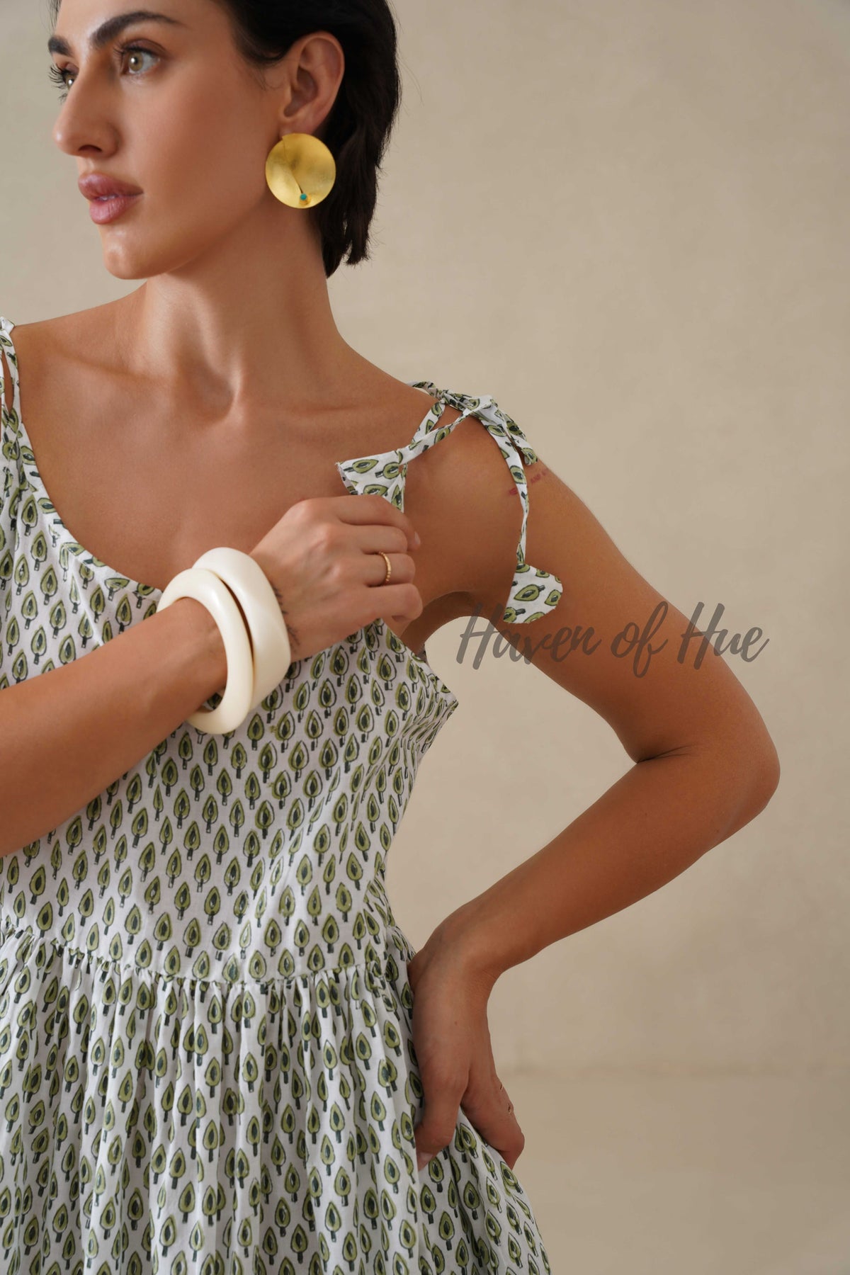 Cotton Midi Dress Summer Boho Print Sleeveless A-Line Casual Sun Dress for Women - Sage Green & White