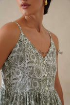Cotton Midi Dress Summer Floral Print Sleeveless Boho Sundress for Women - Sage Green Relaxed Fit Casual Vacation Dress