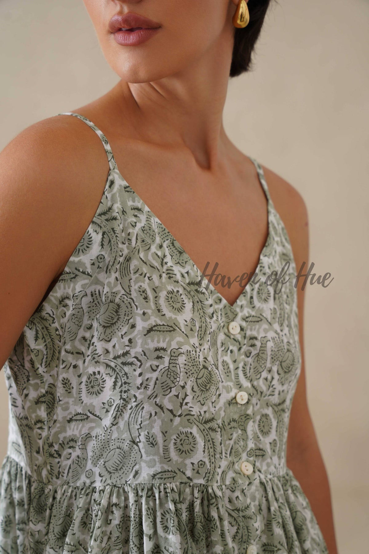 Cotton Midi Dress Summer Floral Print Sleeveless Boho Sundress for Women - Sage Green Relaxed Fit Casual Vacation Dress
