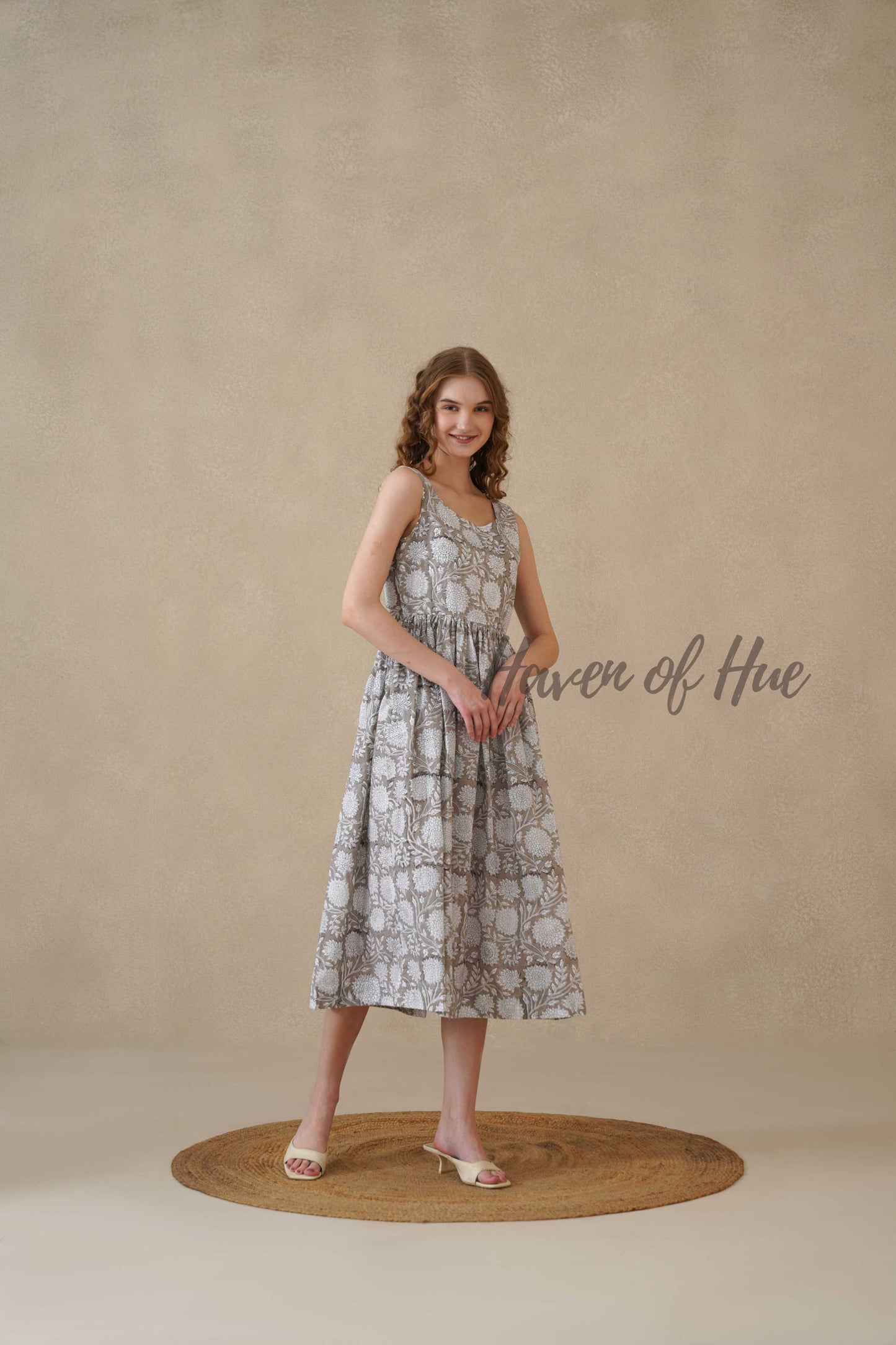Grey Sleeveless Cotton Dress with Artisan Block Print