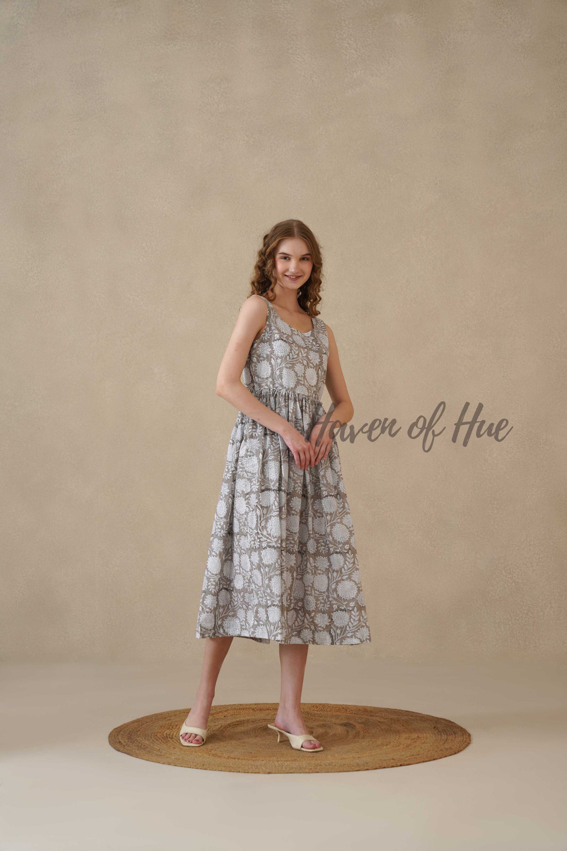 Grey Sleeveless Cotton Dress with Artisan Block Print