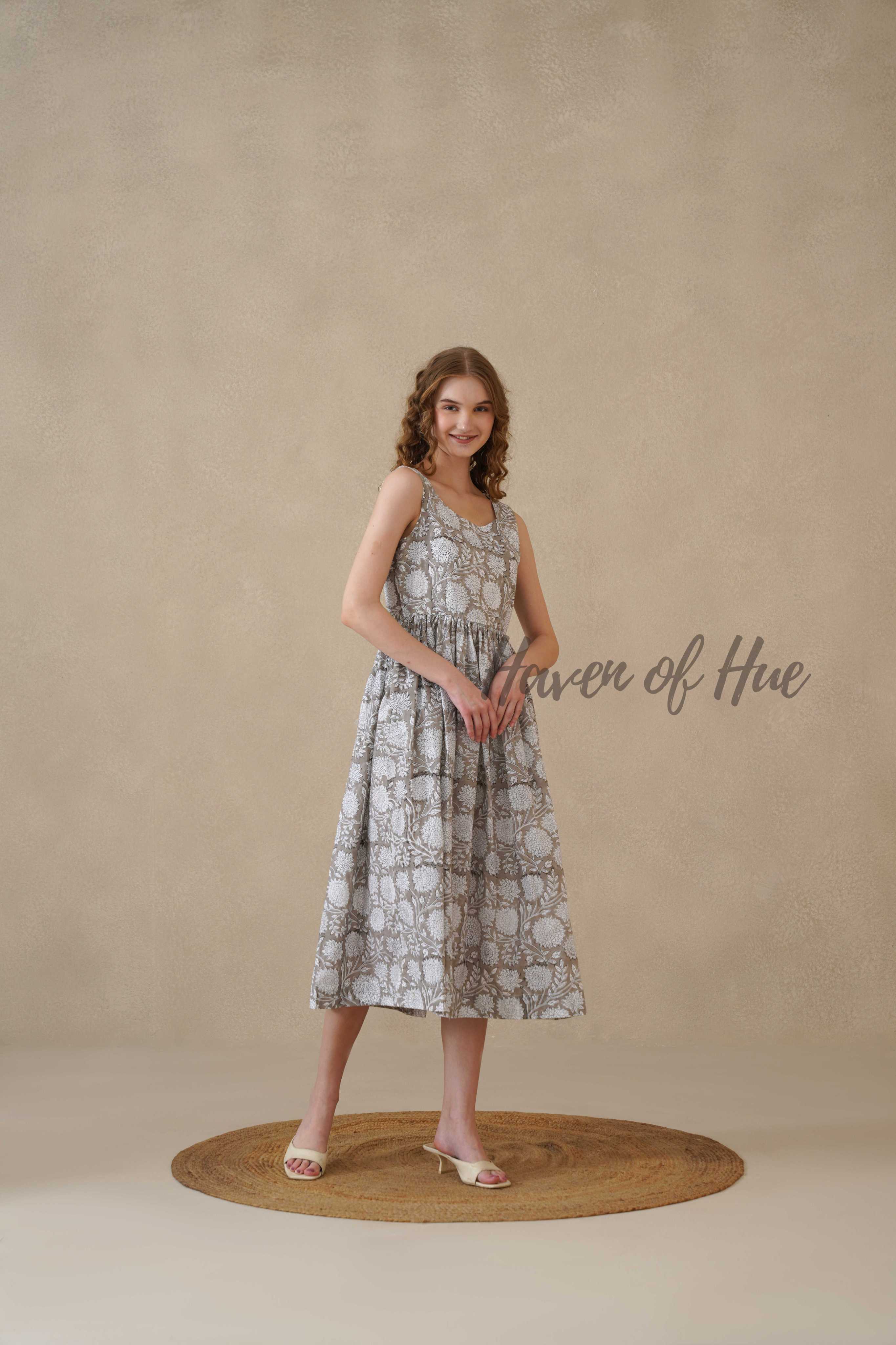 Grey Sleeveless Cotton Dress with Artisan Block Print