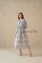 Grey Cotton Tiered Dress – Boho Floral Short Sleeve Midi