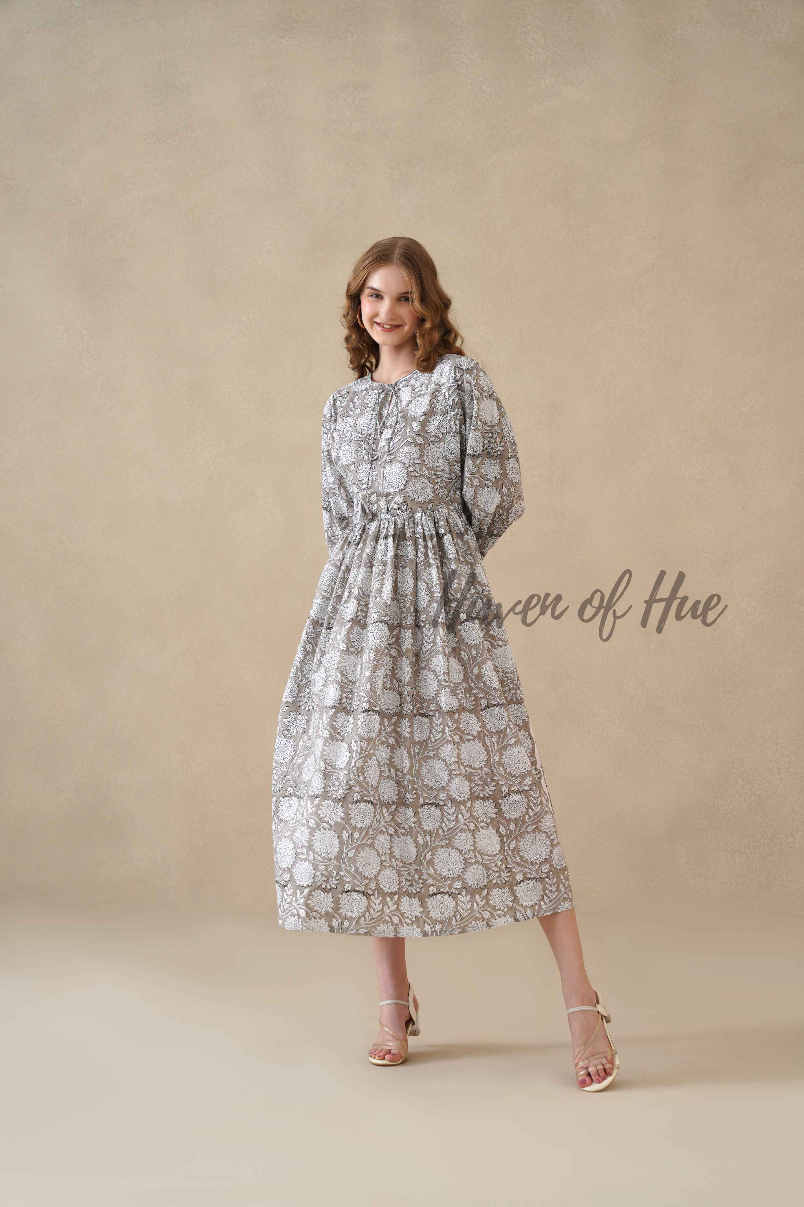 Grey Cotton Tiered Dress – Boho Floral Short Sleeve Midi