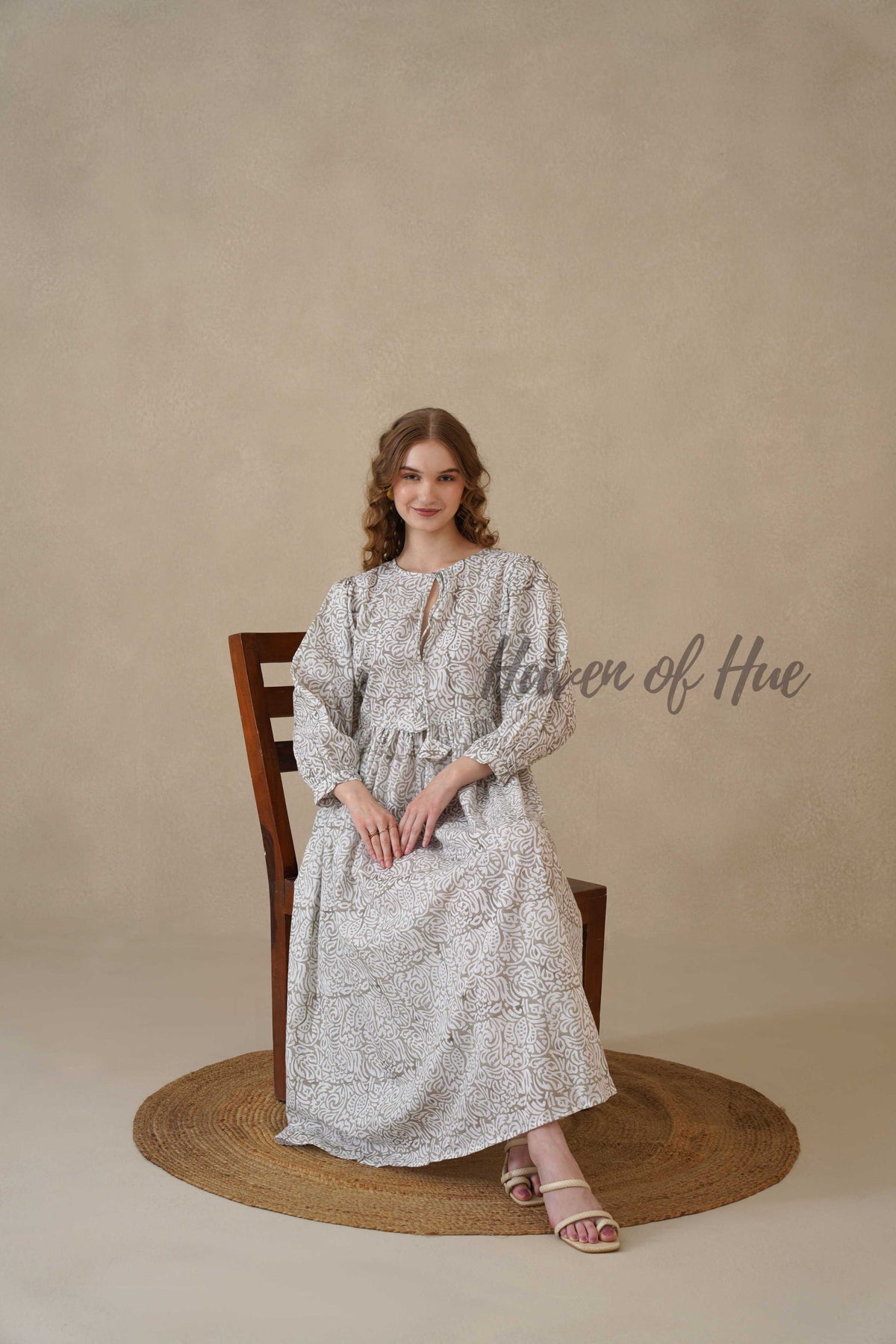 Grey Block Print Cotton Dress with Full Sleeves