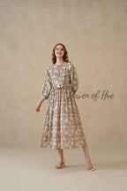 Brown Cotton Tiered Dress – Boho Floral Short Sleeve Midi