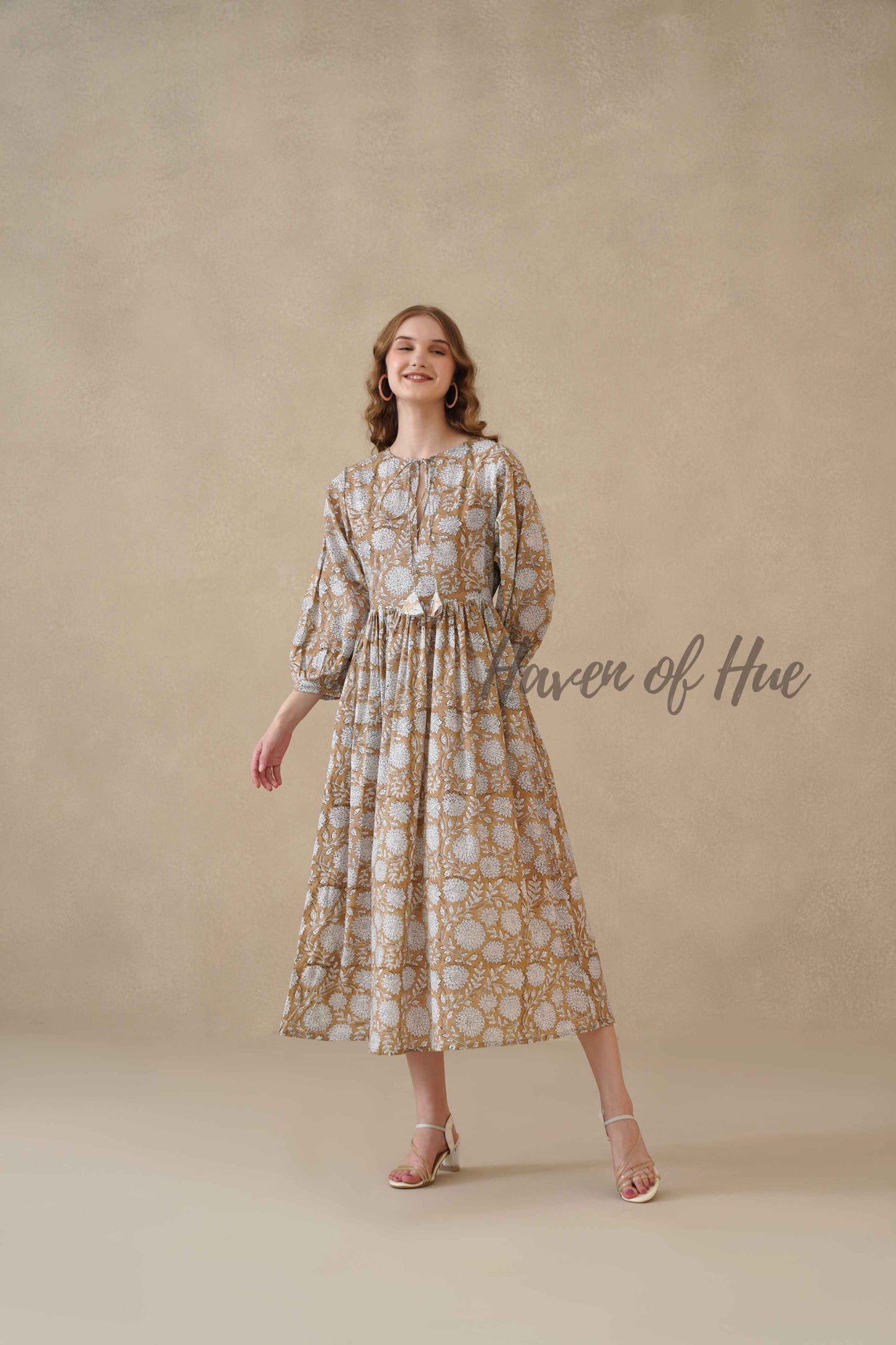 Brown Cotton Tiered Dress – Boho Floral Short Sleeve Midi