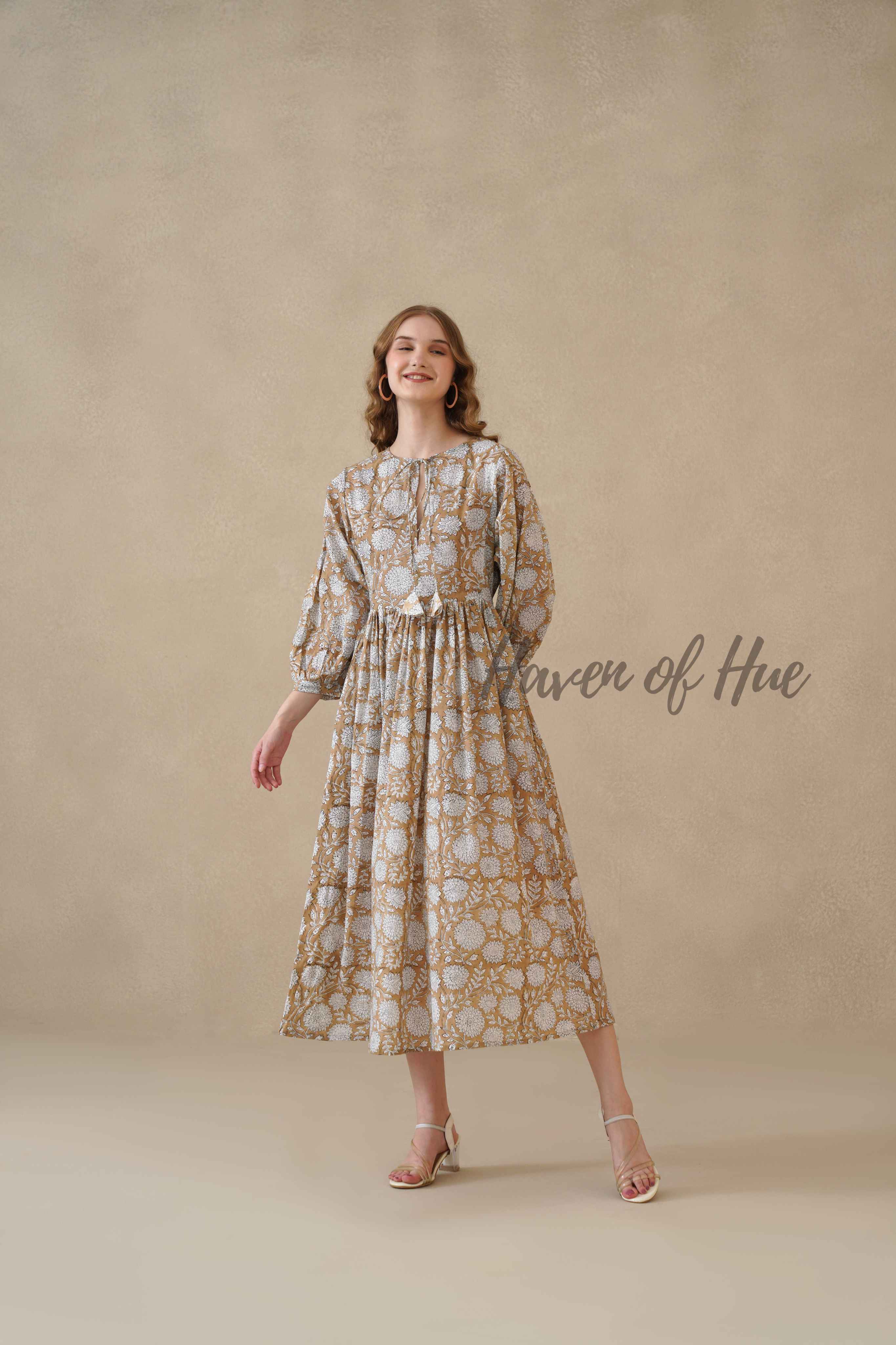 Brown Cotton Tiered Dress – Boho Floral Short Sleeve Midi