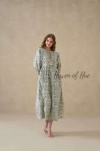 Green Cotton Tiered Dress – Boho Floral Short Sleeve Midi