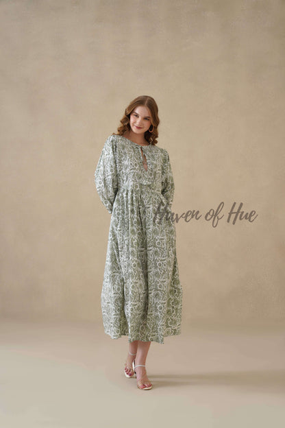 Green Cotton Tiered Dress – Boho Floral Short Sleeve Midi