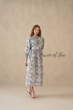 Grey Cotton Tiered Dress – Boho Floral Short Sleeve Midi