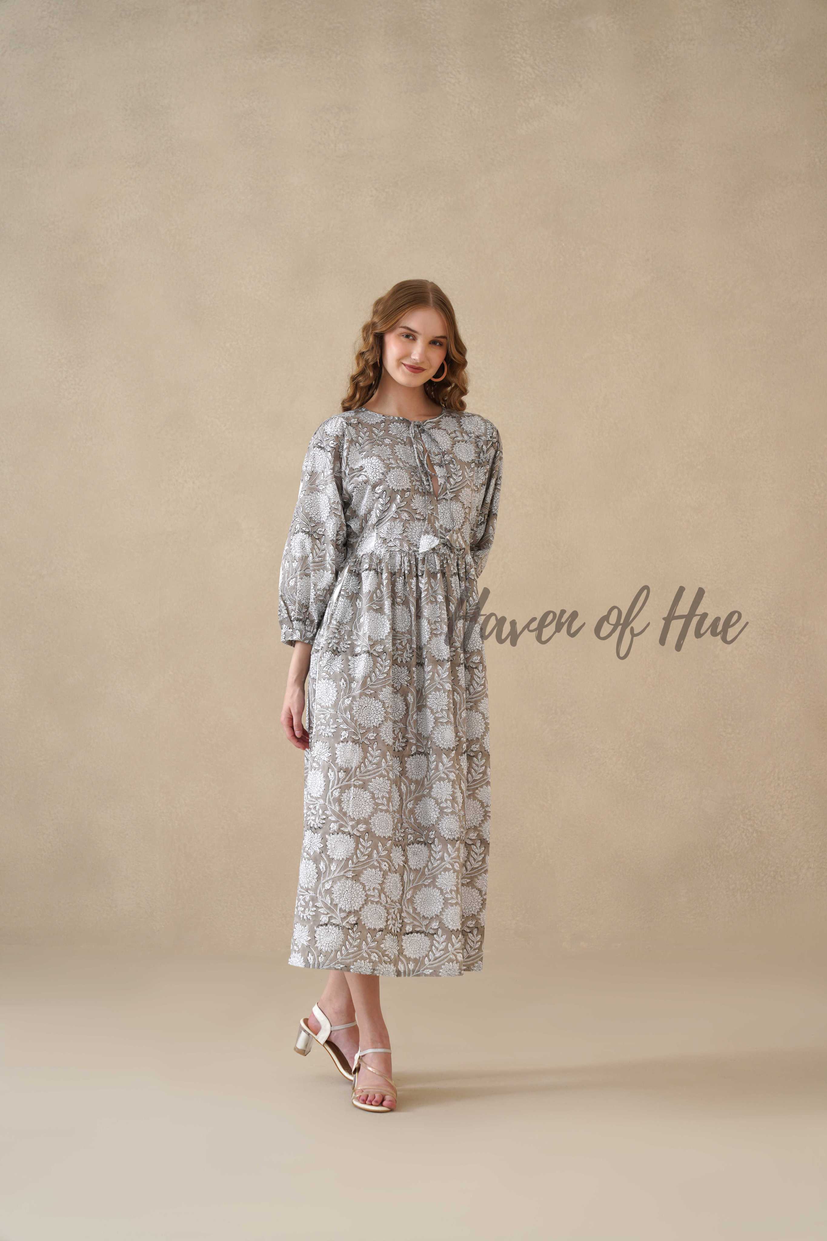 Grey Cotton Tiered Dress – Boho Floral Short Sleeve Midi