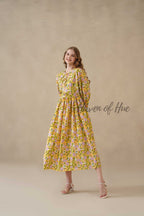 Yellow Cotton Tiered Dress Boho Floral Midi Style