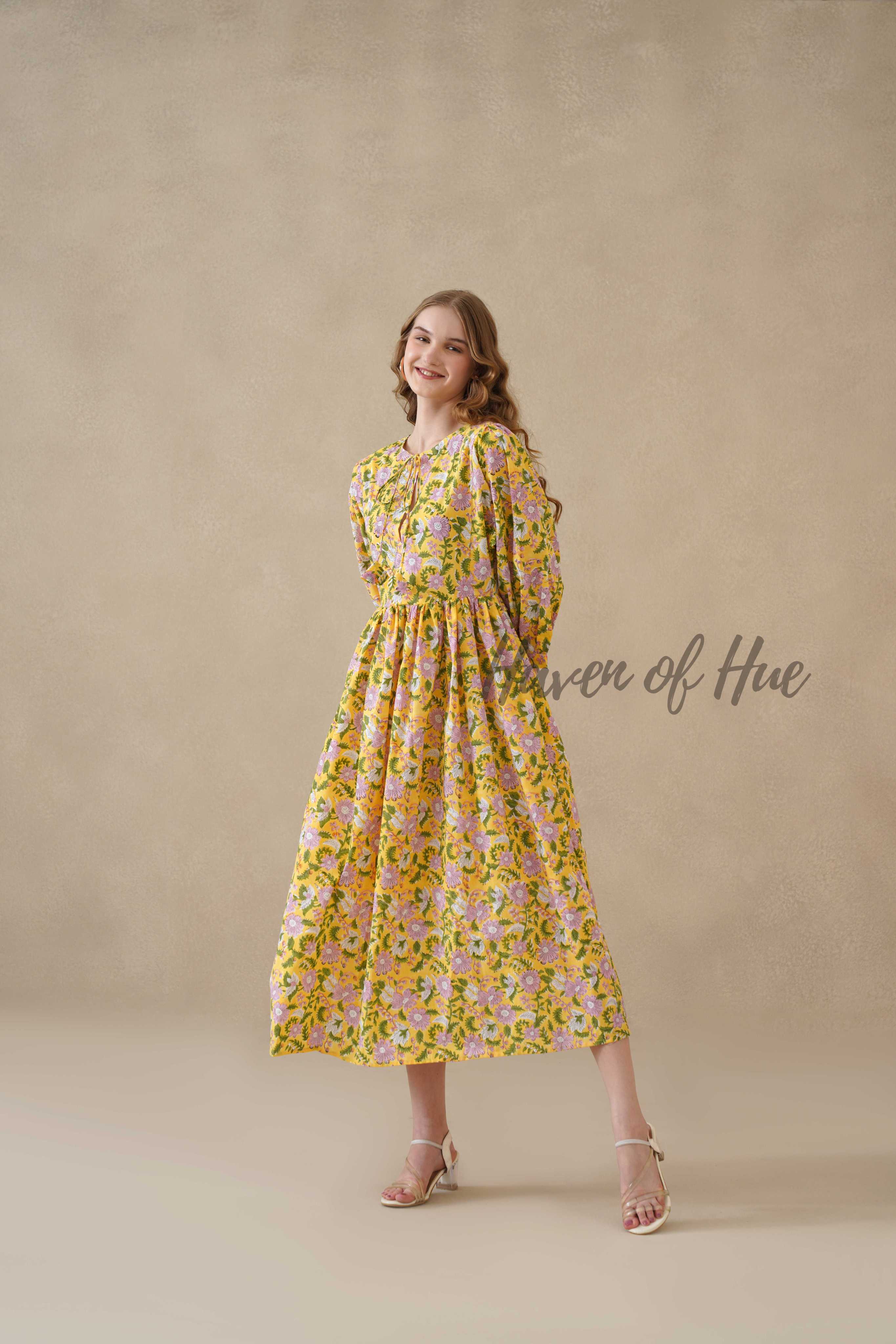 Yellow Cotton Tiered Dress Boho Floral Midi Style
