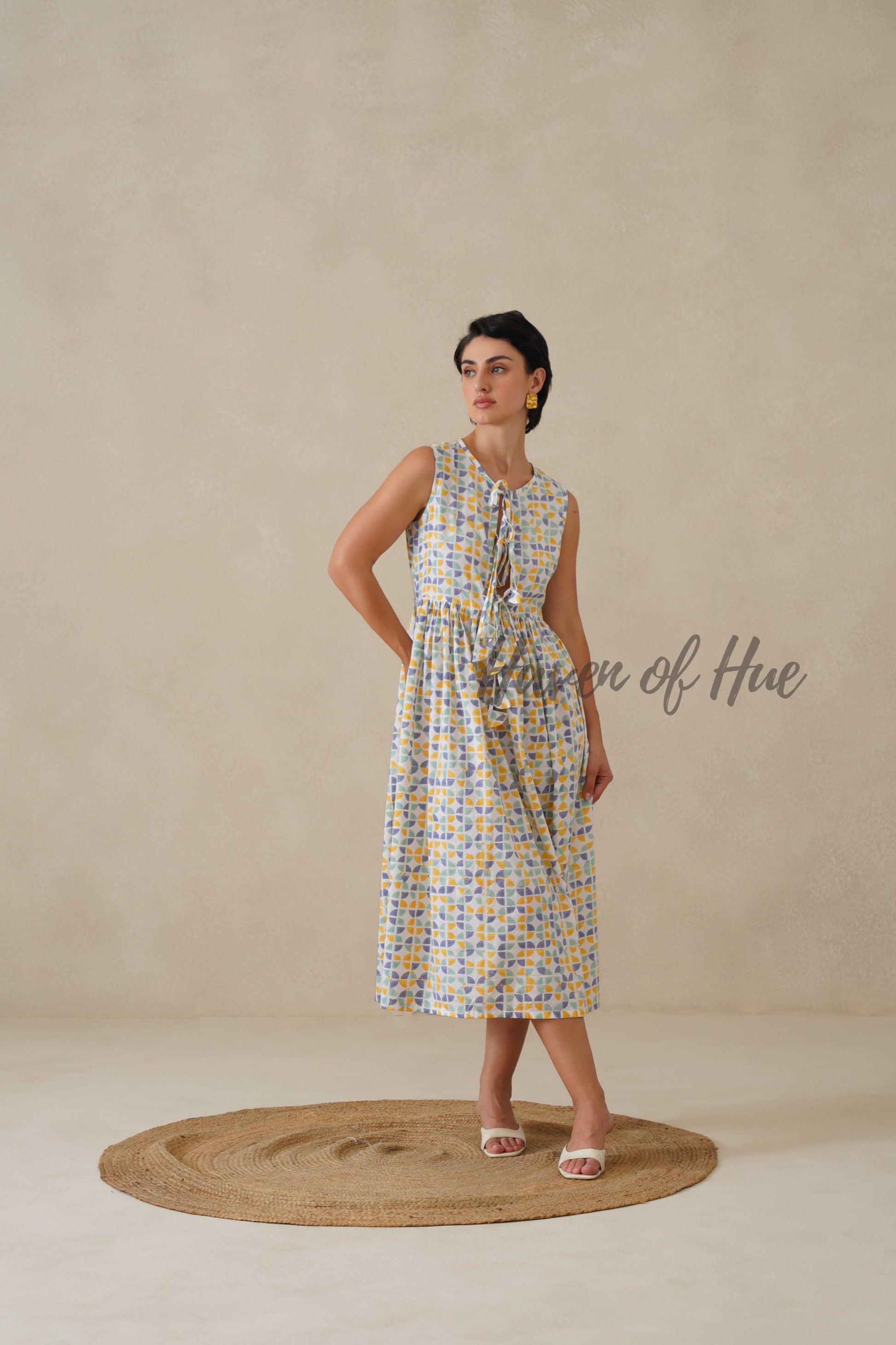 Cotton Midi Dress Sleeveless Boho Geometric Print Summer Sundress for Women - Relaxed Fit Casual A-Line Dress